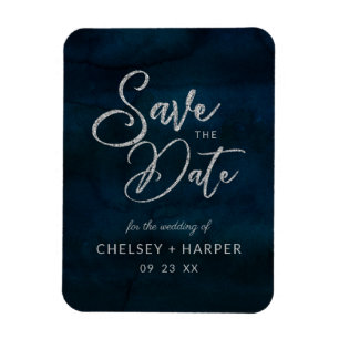 Navy Luster Silver Blue Waterverf Save the Date Magneet