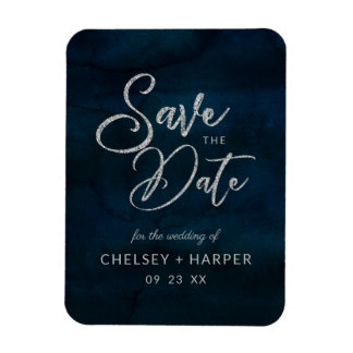 Navy Luster Silver Blue Waterverf Save the Date Magneet