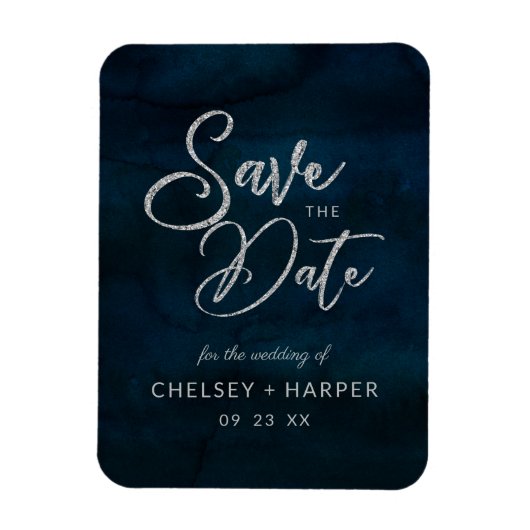 Navy Luster Silver Blue Waterverf Save the Date Magneet (Verticaal)