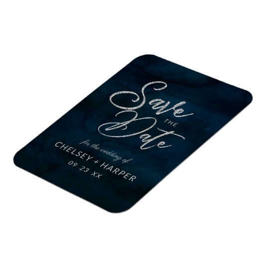 Navy Luster Silver Blue Waterverf Save the Date Magneet (Linkerzijde)