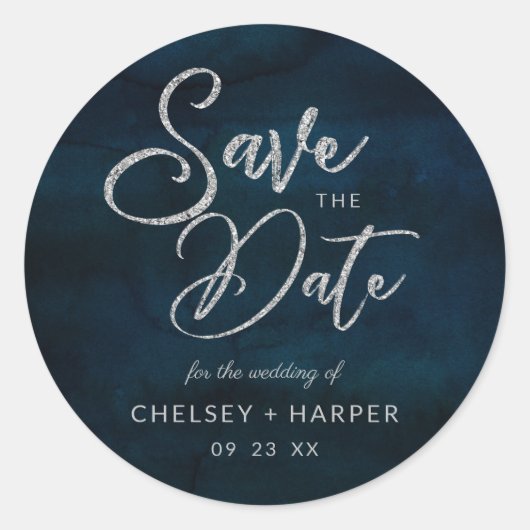 Navy Luster Silver Blue Waterverf Save the Date Ronde Sticker (Voorkant)