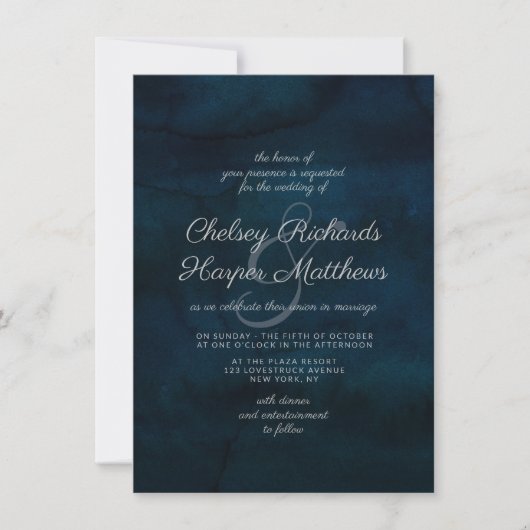 Navy Lustre Donkerblauwe Waterverf Elegante bruilo Kaart (Voorkant)
