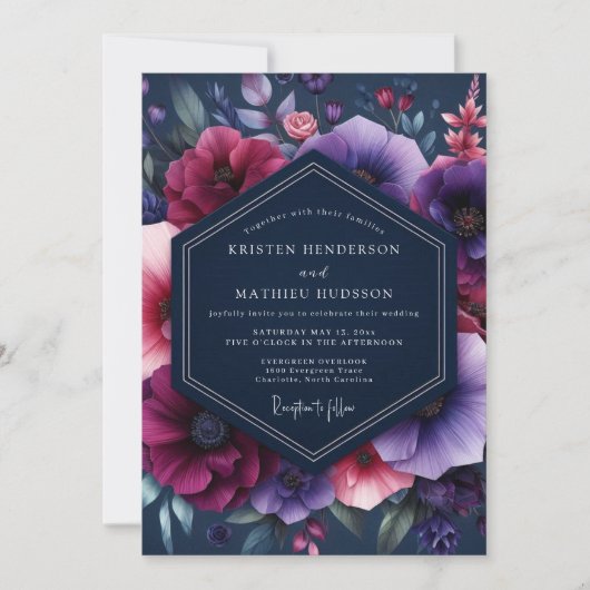Navy Magenta Dramatic Bloom Wedding Kaart (Voorkant)