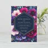 Navy & Magenta Levendig Bloemend Huwelijk Kaart (Staand voorkant)