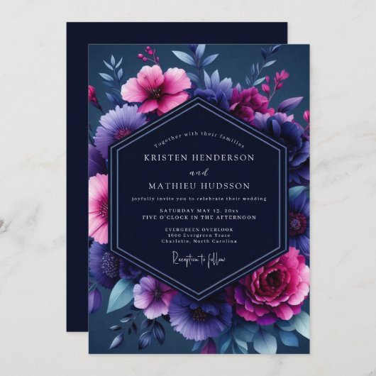 Navy Magenta Luminous Wedding Kaart (Voorkant / Achterkant)
