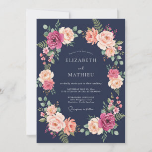 Navy Magenta Weelderige Botanische Bruiloft Kaart