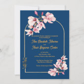 Navy Magnolia Floral Photo Wedding Invitation (Voorkant)