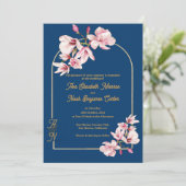Navy Magnolia Floral Photo Wedding Invitation (Staand voorkant)