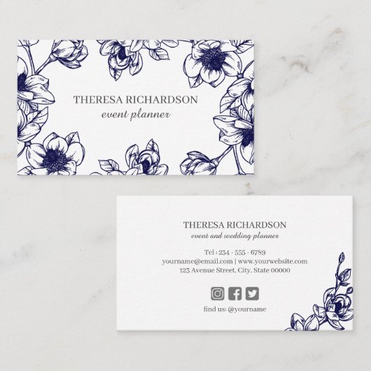 Navy Magnolia  hand Schildpaddenstoelen Visitekaartje (Voorkant / Achterkant)