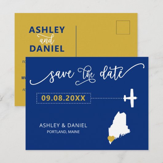 Navy Maine Wedding Save the Date Map Briefkaart (Voorkant / Achterkant)