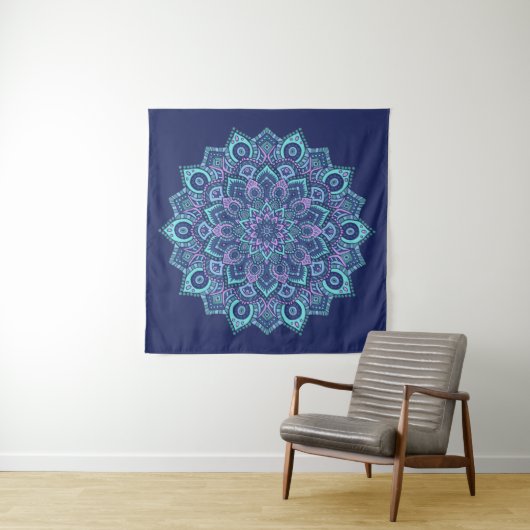 Navy Mandala Tapestry Wandkleed (In situ)