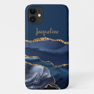 Navy Marble Geode Gold Dusty Blue Modern Name Case-Mate iPhone Case