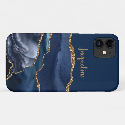 Navy Marble Geode Gold Dusty Blue Modern Name Case-Mate iPhone Case (Achterkant (horizontaal))