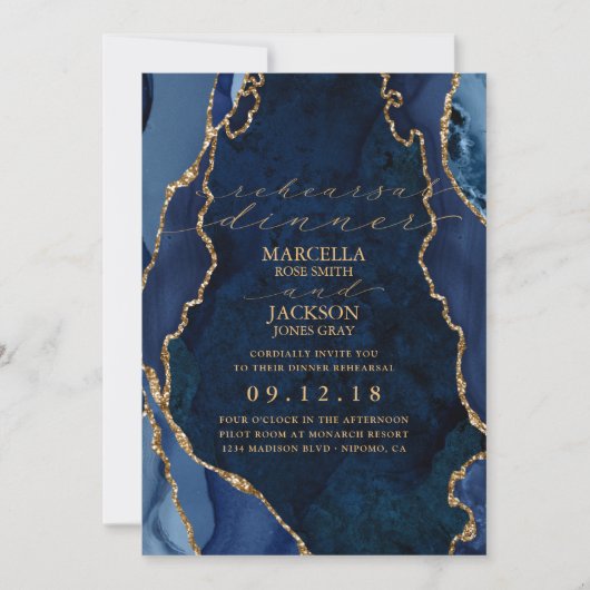 Navy Marble & Gold Agate Dinner Rehearsal Invitati Kaart (Voorkant)