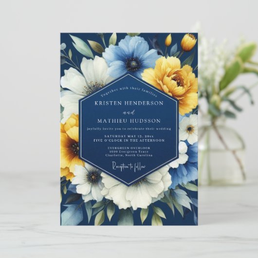 Navy Marigold Luminous Wedding Kaart (Staand voorkant)