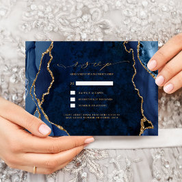 Navy Marmer & Gold Agate Wedding RSVP Uitnodiging