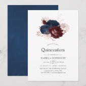 Navy, Maroon en Roos Gold Floral Quinceañera Kaart (Voorkant / Achterkant)