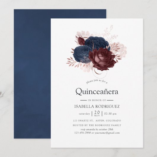 Navy, Maroon en Roos Gold Floral Quinceañera Kaart (Voorkant / Achterkant)