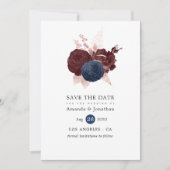 Navy, Maroon en Roos Gold Floral Save the Date (Voorkant)