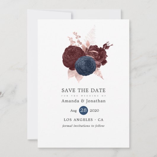 Navy, Maroon en Roos Gold Floral Save the Date (Voorkant)