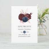 Navy, Maroon en Roos Gold Floral Save the Date (Staand voorkant)