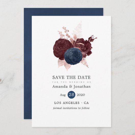 Navy, Maroon en Roos Gold Floral Save the Date (Voorkant / Achterkant)