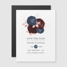 Navy, Maroon en Roos Gold Floral Save the Date Magnetische Uitnodiging