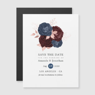 Navy, Maroon en Roos Gold Floral Save the Date Magnetische Uitnodiging