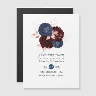 Navy, Maroon en Roos Gold Floral Save the Date Magnetische Uitnodiging