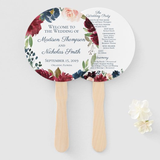 Navy Marsala Bloem Trouwprogramma Cirkel Fan Handwaaier (Voorkant en achterkant)