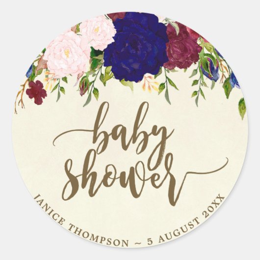 Navy Marsala Bloemen baby shower sticker gunsten (Voorkant)