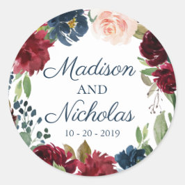 Navy Marsala Bloemen Bruiloft Envelop Seal Sticker