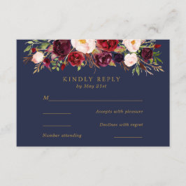 Navy Marsala Bloemen Bruiloft RSVP Kaart