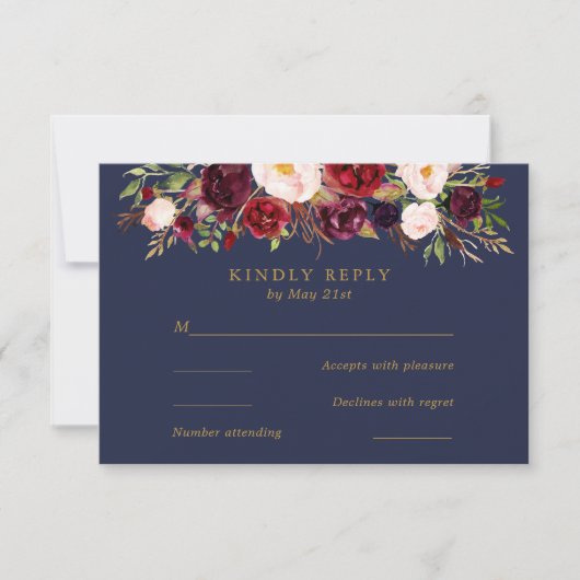 Navy Marsala Bloemen Bruiloft RSVP Kaart (Voorkant)