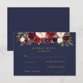 Navy Marsala Bloemen Bruiloft RSVP Kaart (Voorkant / Achterkant)