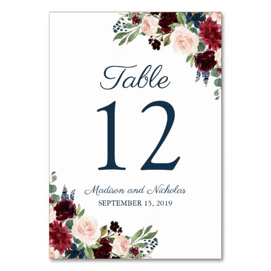 Navy Marsala Bloemen Bruiloft Tafel Aantal Kaarten (Voorkant)
