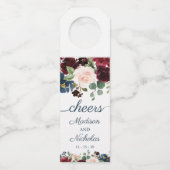 Navy Marsala Bloemen Bruiloft Wijnfles Hanger Labe (Voorkant)