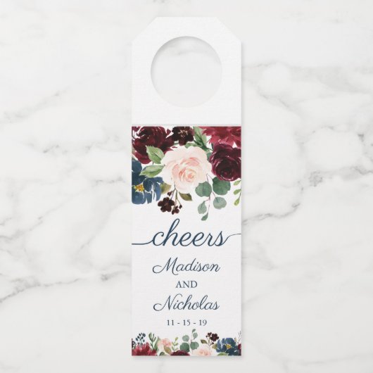 Navy Marsala Bloemen Bruiloft Wijnfles Hanger Labe (Voorkant)