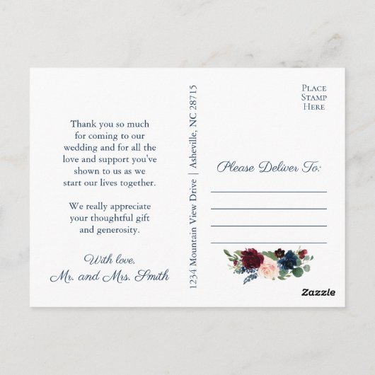 Navy Marsala Bloemenbruiloft Dank u Briefkaarten (Achterkant)