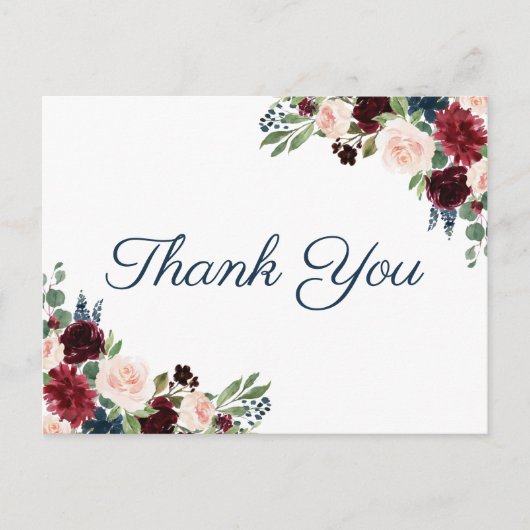 Navy Marsala Bloemenbruiloft Dank u Briefkaarten (Voorkant)