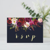 Navy Marsala Boho Bloemen Herfst Bruiloft RSVP-kaa RSVP Kaartje (Staand voorkant)