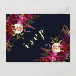 Navy Marsala Boho Bloemen Herfst bruiloft RSVP Uitnodiging Briefkaart