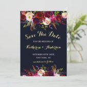 Navy Marsala Boho Floral Wedding Save the Date (Staand voorkant)
