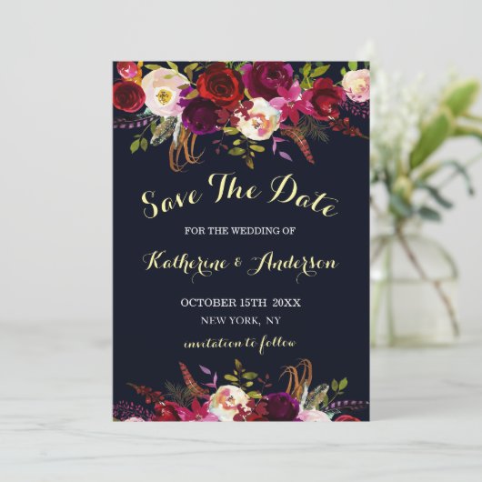 Navy Marsala Boho Floral Wedding Save the Date (Staand voorkant)