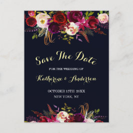 Navy Marsala Boho Floral Wedding Save the Date Aankondigingskaart
