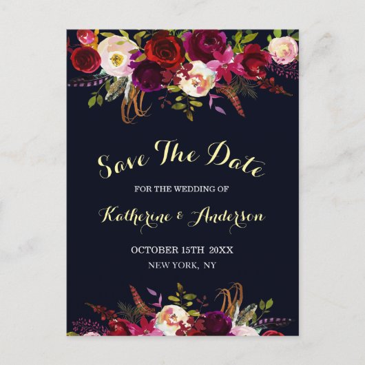 Navy Marsala Boho Floral Wedding Save the Date Aankondigingskaart (Voorkant)