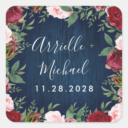 Navy Marsala Country Rustieke bruiloft gunst Stick Vierkante Sticker (Voorkant)