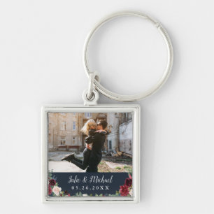 Navy & Marsala Floral Pewter Persoonlijke foto Sleutelhanger