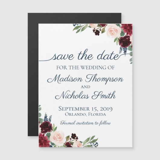 Navy Marsala Floral Save the Date Magneten (Voorkant / Achterkant)