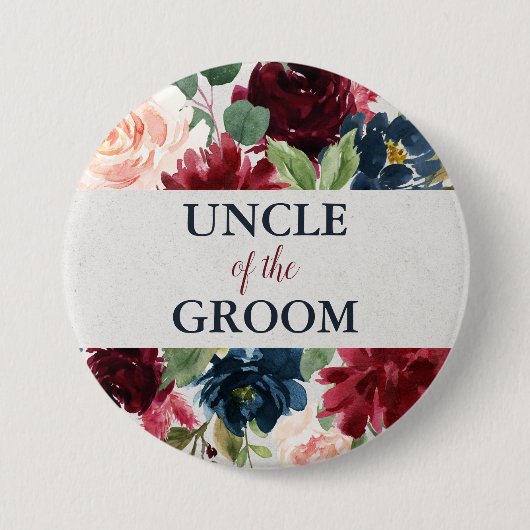 Navy & Marsala Floral Shabby Chic oom of Groom Ronde Button 7,6 Cm (Voorkant)